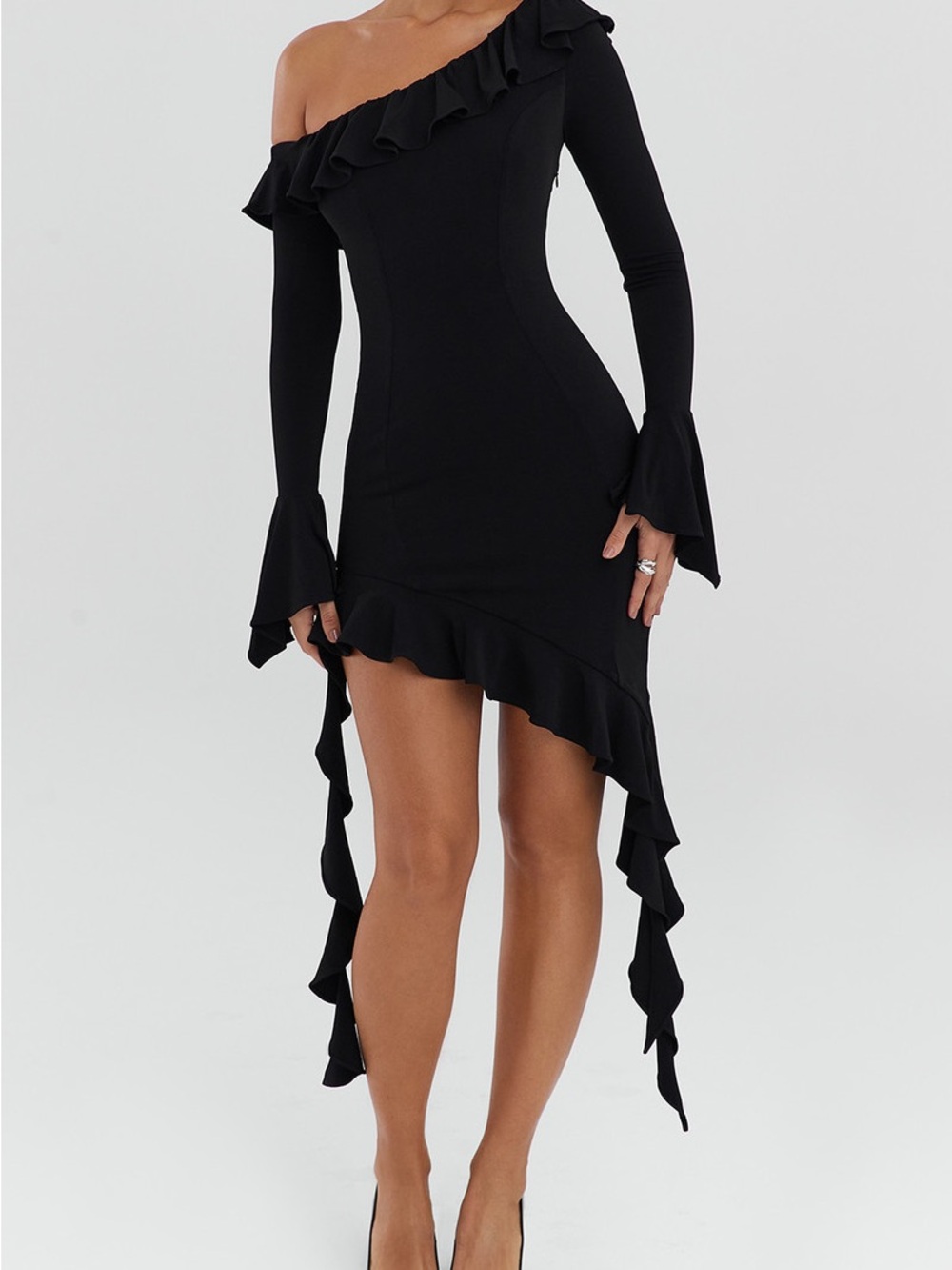 MISTRESS ROCKS One-Shoulder Ruffle Asymmetric Dress in Black